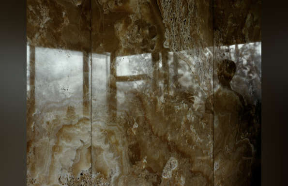 Reflection of a figure, window frames and trees in a slab of marble.