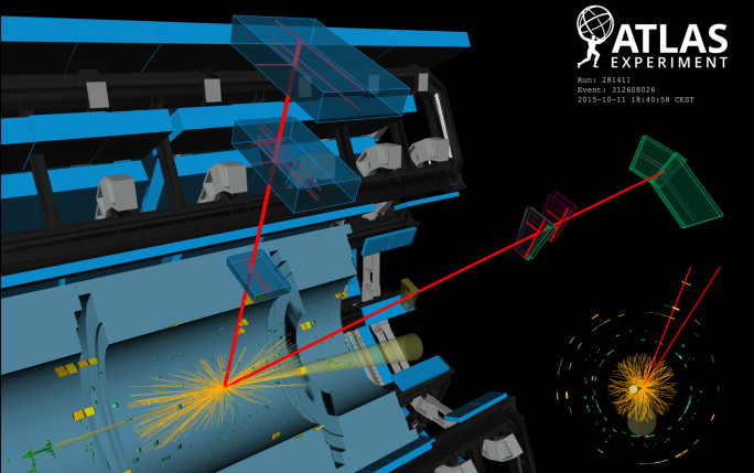 A Run 2 ATLAS event containing two muons (red) with mass compatible with that of the Higgs boson, and two forward jets (yellow cones).copyright CERN