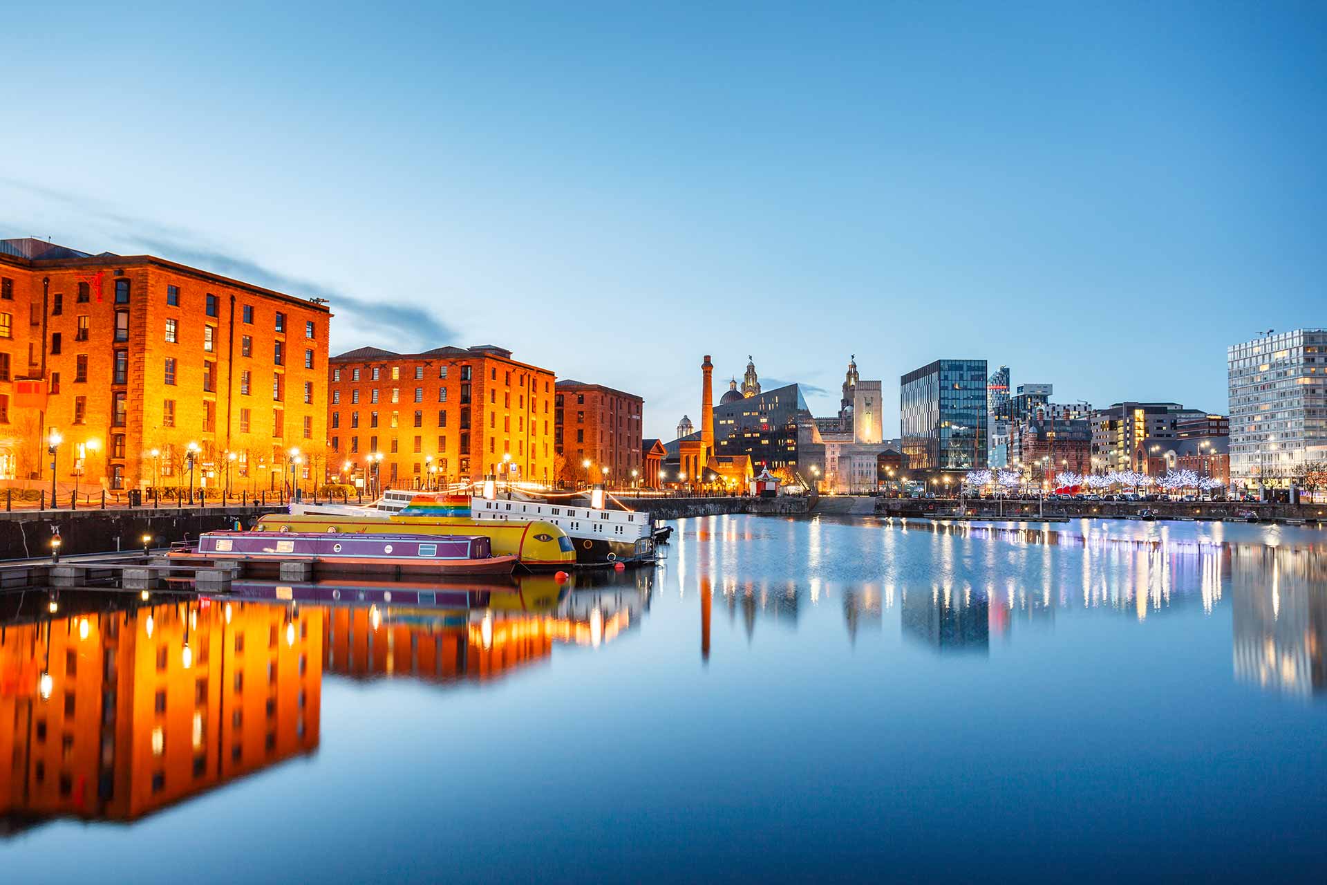 Liverpool waterfront and Albert Dock skyline at dusk