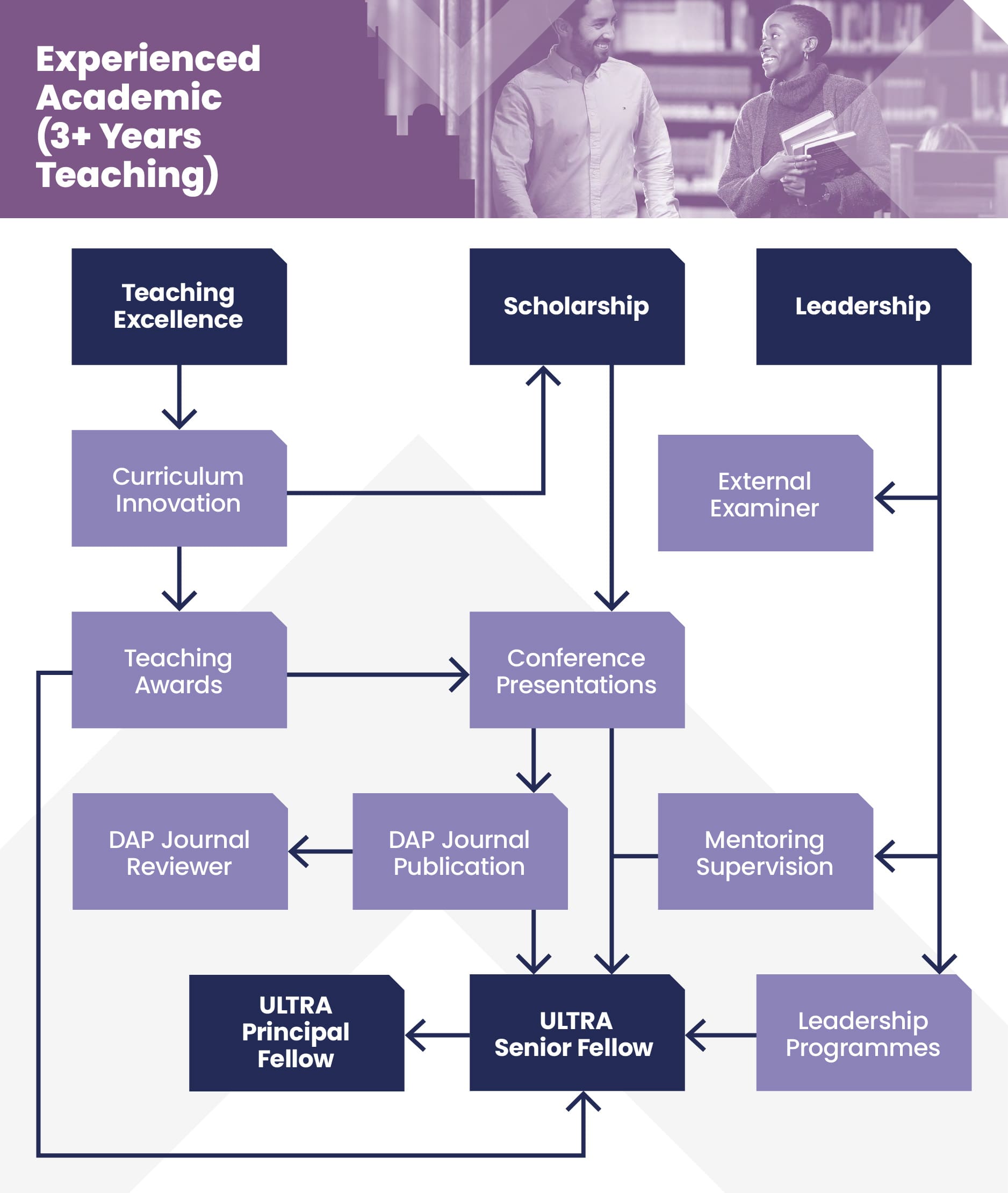 A flowchart of the journey an Experienced Academic could take within Connected CPD