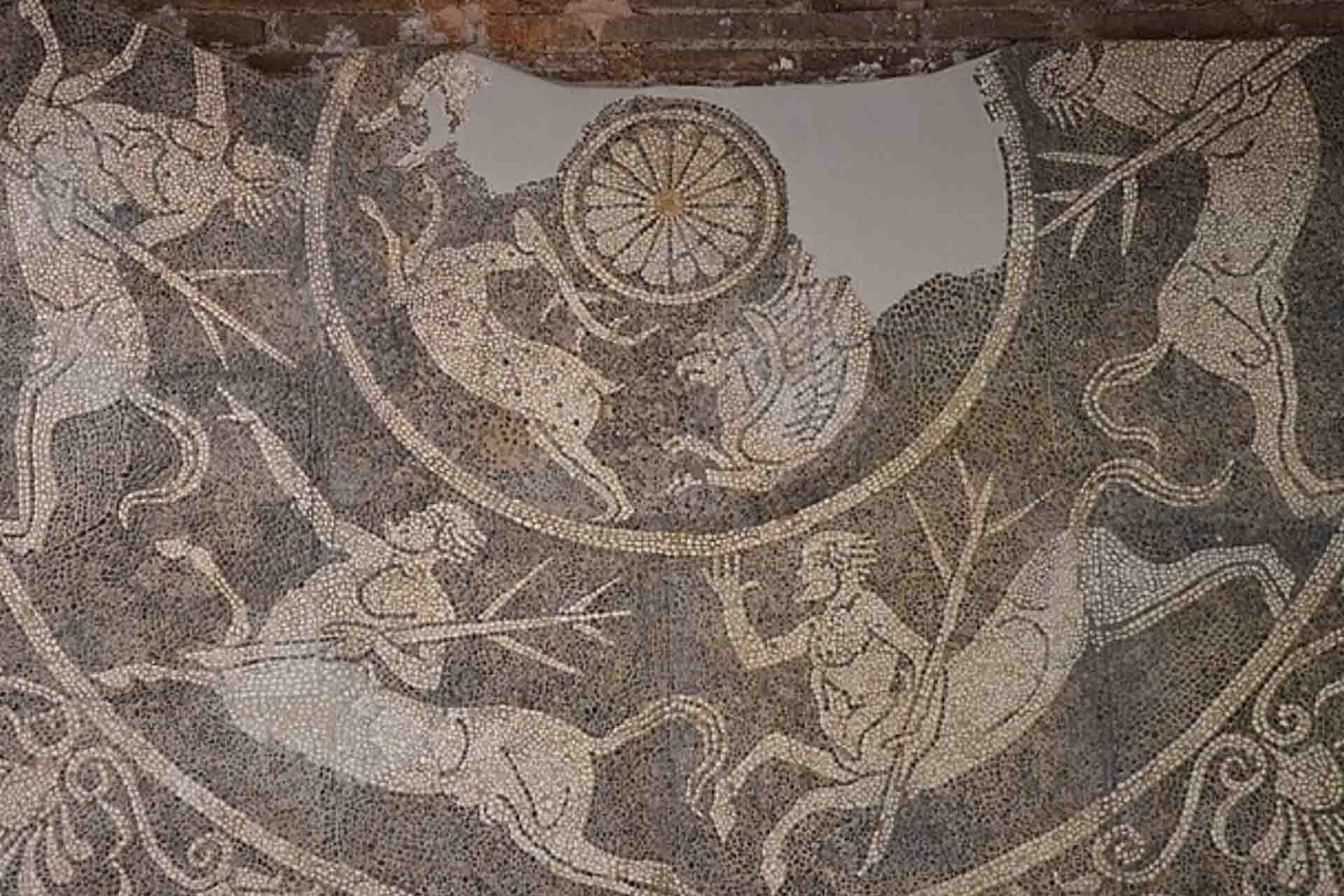 A mosaic of animals in a semi circle