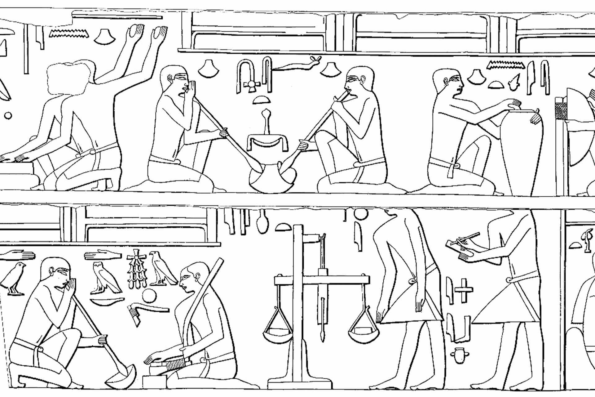 Black and white illustrations of Ancient Egyptian characters making materials and using tools to create objects