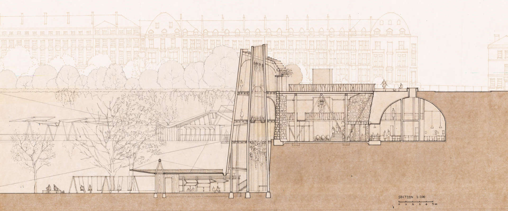 Cross section of a multi-floored building set into the sandstone.