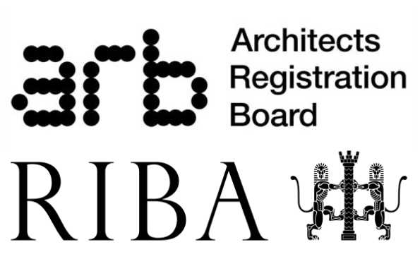 Organisation logos for the ARB, Architects Registration Board and RIBA, the Royal Institute of British Architects.