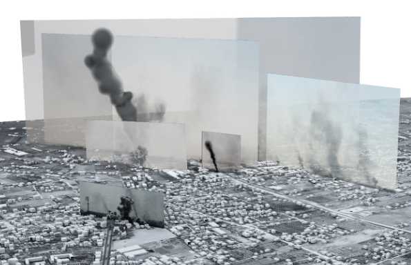 Rendered aerial view of a city with photographs of war damage superimposed.