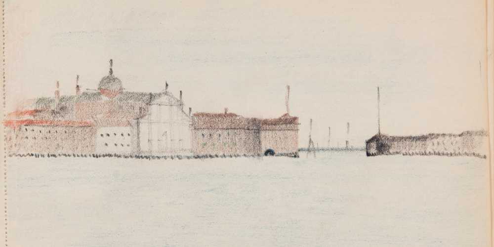 pencil drawing of 19th century buildings with a lagoon in front and a see wall to one side.