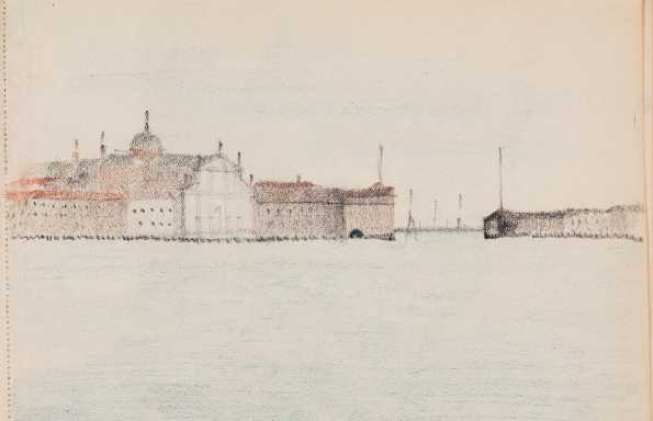 pencil drawing of 19th century buildings with a lagoon in front and a see wall to one side.