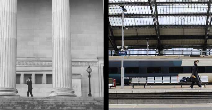 Two juxtaposed images of men walking, one in front of a stone building, the other on a railway station platform.