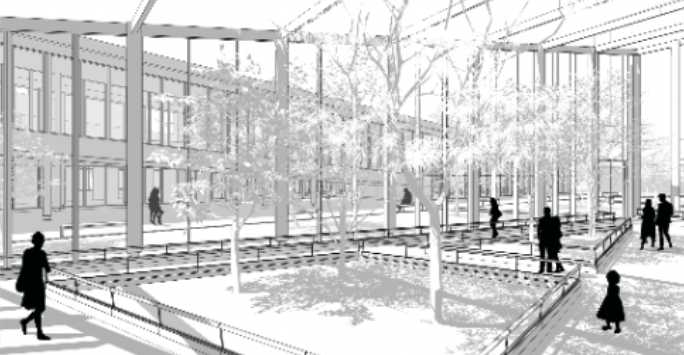 Sketch of a tree filled atrium with a busy road beyond.