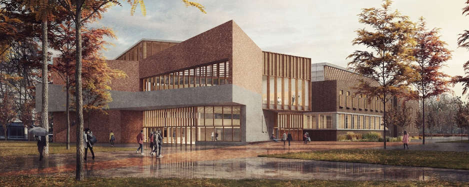 Render of a brick and concrete building with wooden widows and geometric shape.