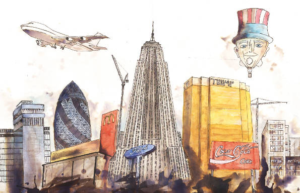 Stylised watercolour sketch of a modern city skyline with a balloon and airliner flying above.