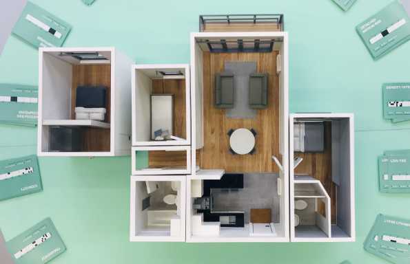 Overhead view of a studio flat in an exhibition.