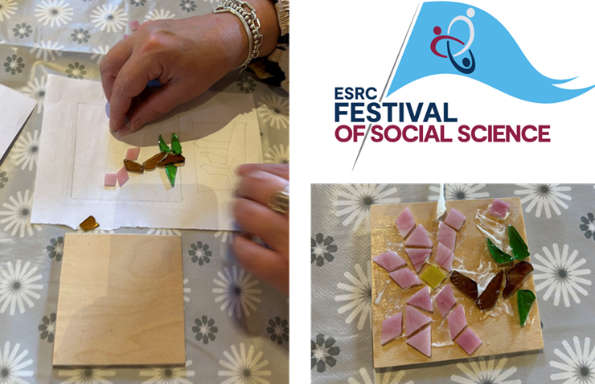 Composite of two pictures. On the left a close up of a persons hands arranging rectangles of stained into an abstract pattern. On the right the finished piece of stained glass prior to firing.