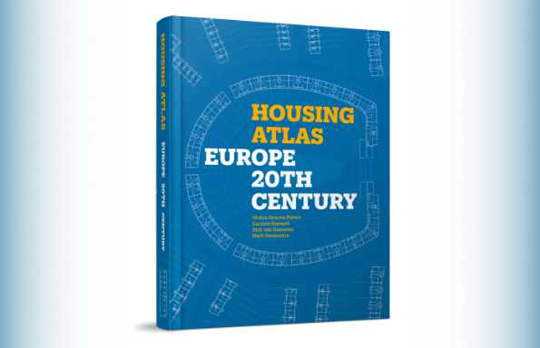 three QUarter view of a hardbackbook, on the cover are blueprints of housing and the text 