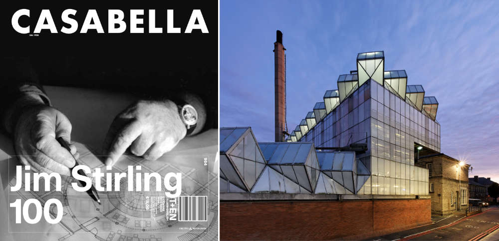 Study of a pair of hands holding a pen annotating an architectural drawing. To the right is a photo of glass building with a brick tower.