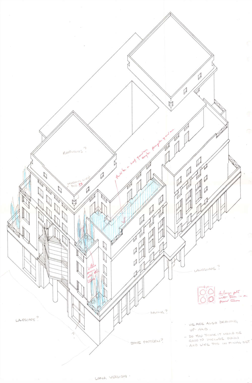 Axonometric sketch of a building with annotations in red.