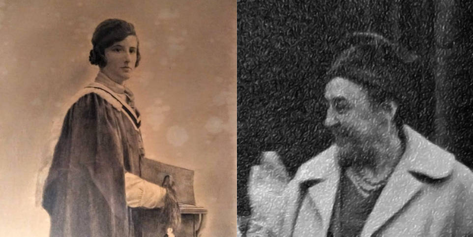 Side by side photographs of two women. One is a sepia tone graduation picture of a young woman in graduation gown and holding a cap, the other of a smiling older woman in a heavy winter coat and hat.