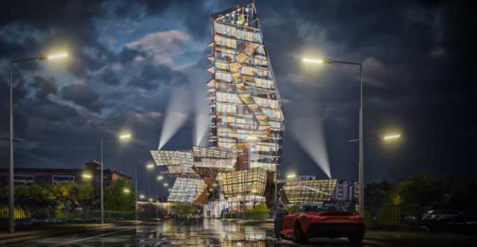 Composite image of a modern skyscraper at night with a sportscar on the roan in front.