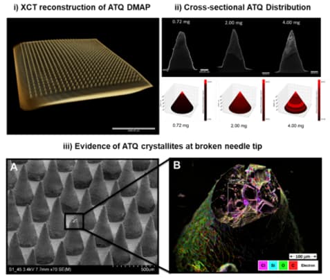 A figure showing i) XCT reconstruction of ATQ DMAP. ii) Cross-sectional ATQ distribution. iii) Evidence of ATQ crystallites at broken needle tip