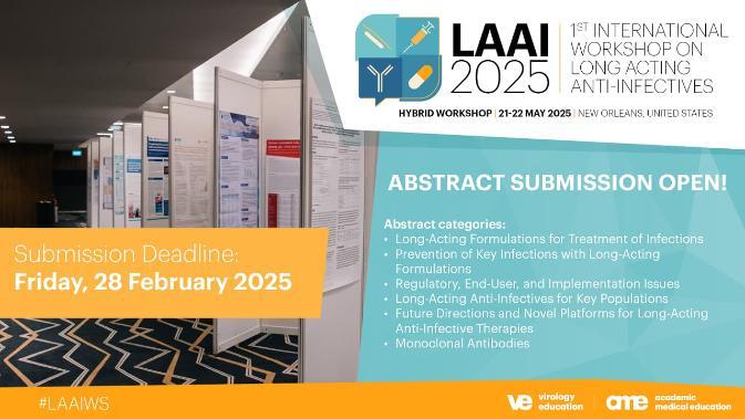 International workshop on long-acting anti-infectives 2025. Abstract submission deadline Friday 28 February 2025. Abstract categories: LA formulations for treatment of infections; Prevention of key infections with LA formulations; regulatory, end user and implementation issues; LA anti-infectives for key populations; future directions and novel platforms for LAAI therapies; monoclonal antibodies.