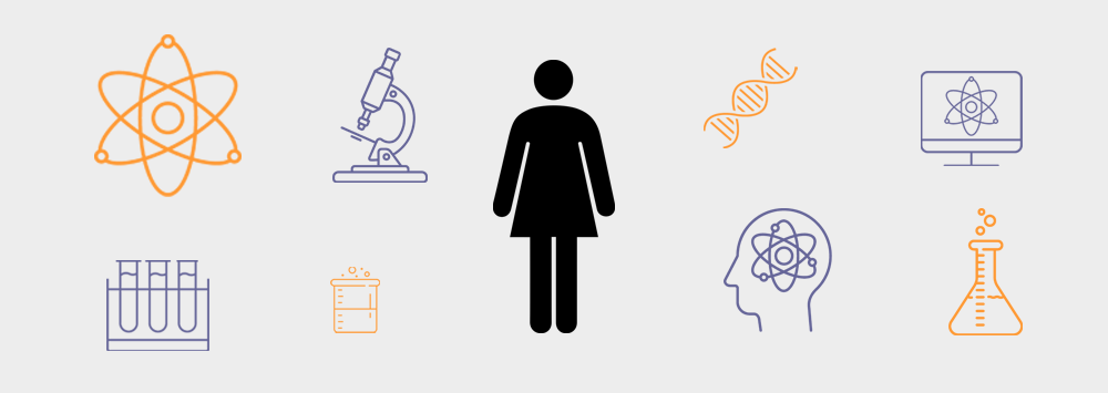 A woman silhouette surrounded by chemistry icons