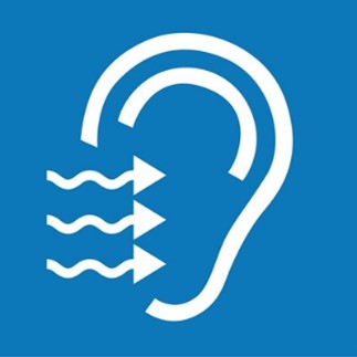 white graphic of ear with soundwaves travelling to it on blue background