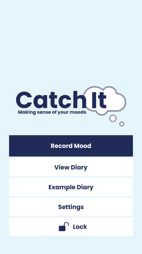 Screenshot of the catch It app menu with options including; record mood, view diary, example diary, settings and lock