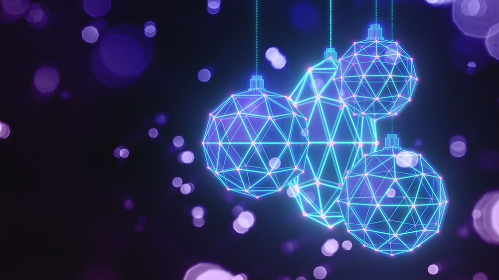 Electronic Christmas baubles on a blue and purple background