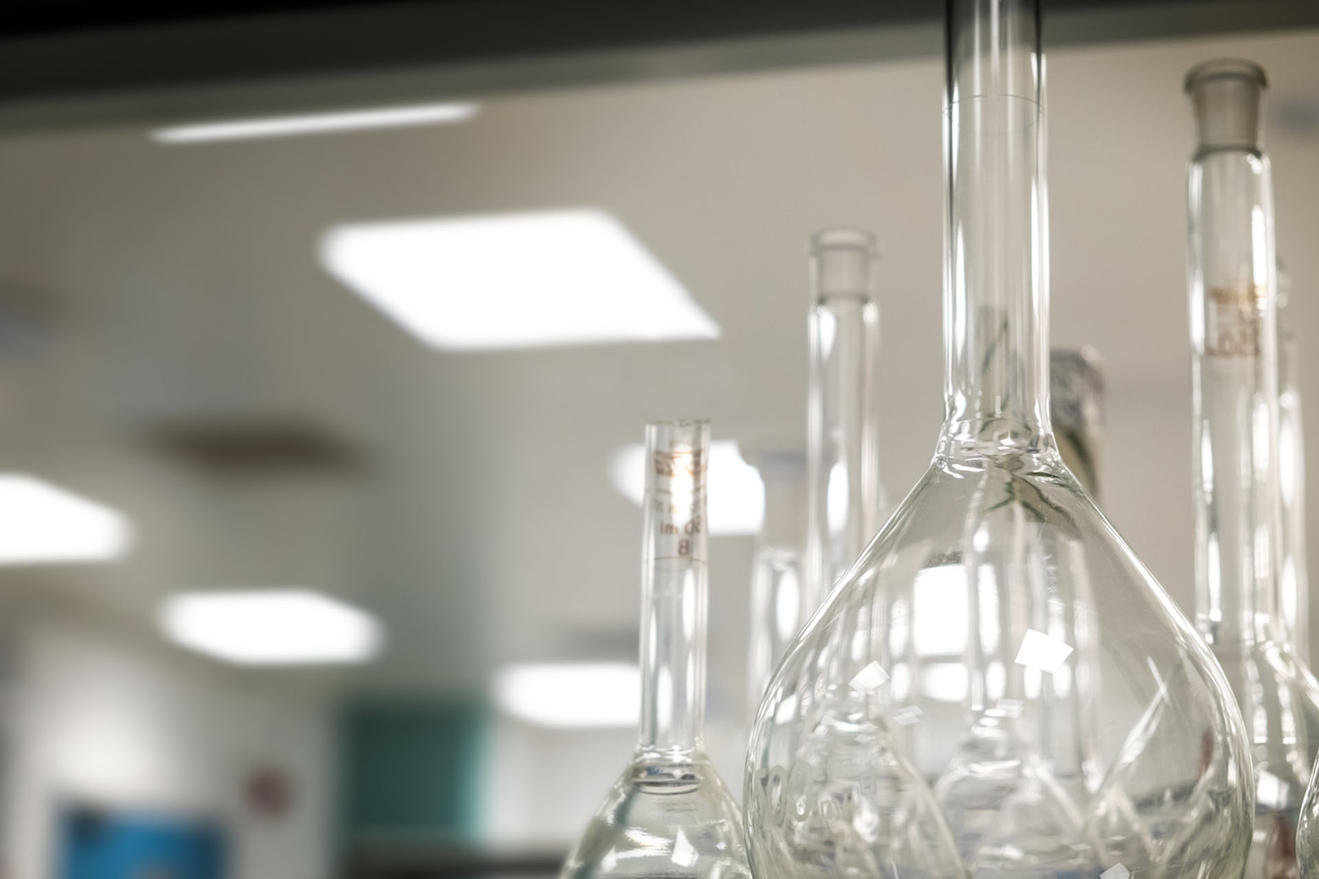 Close up of glass beakers in a lab