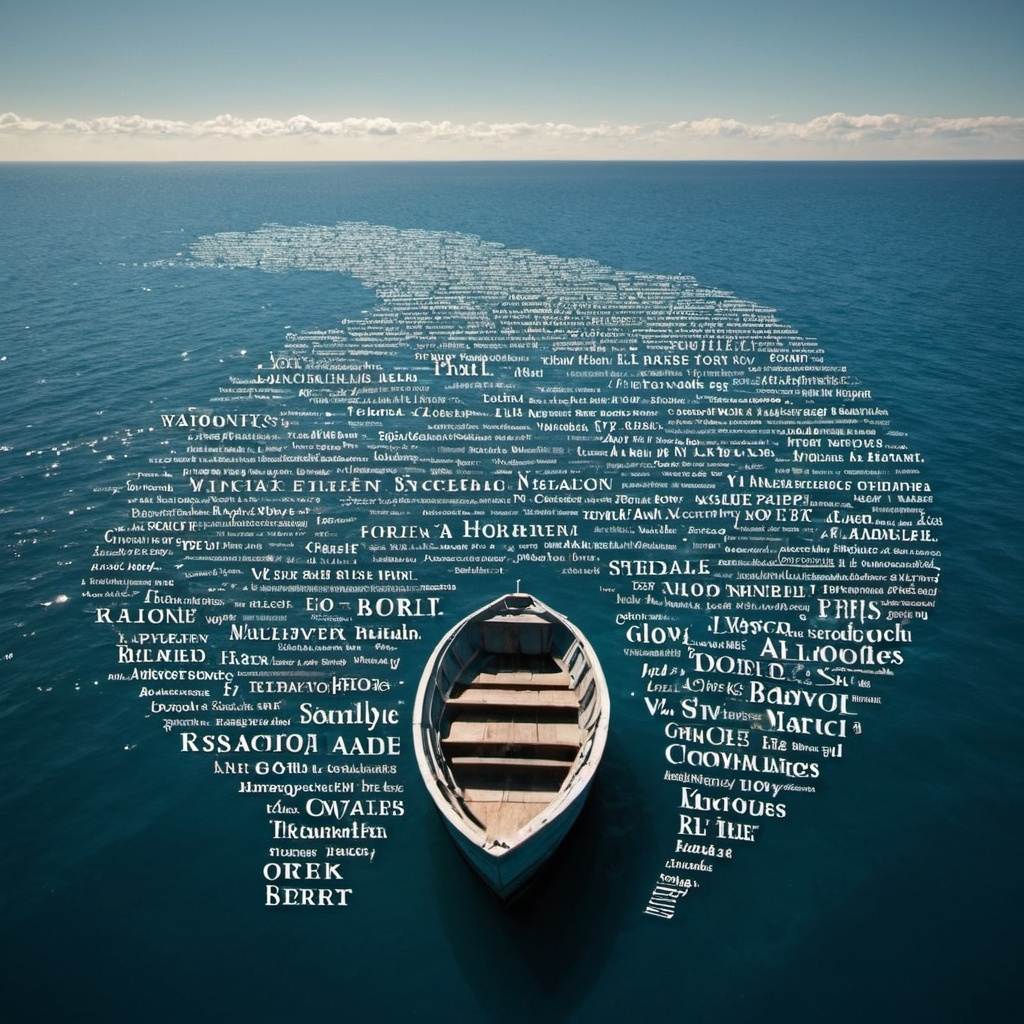 Boat in water surrounded by words