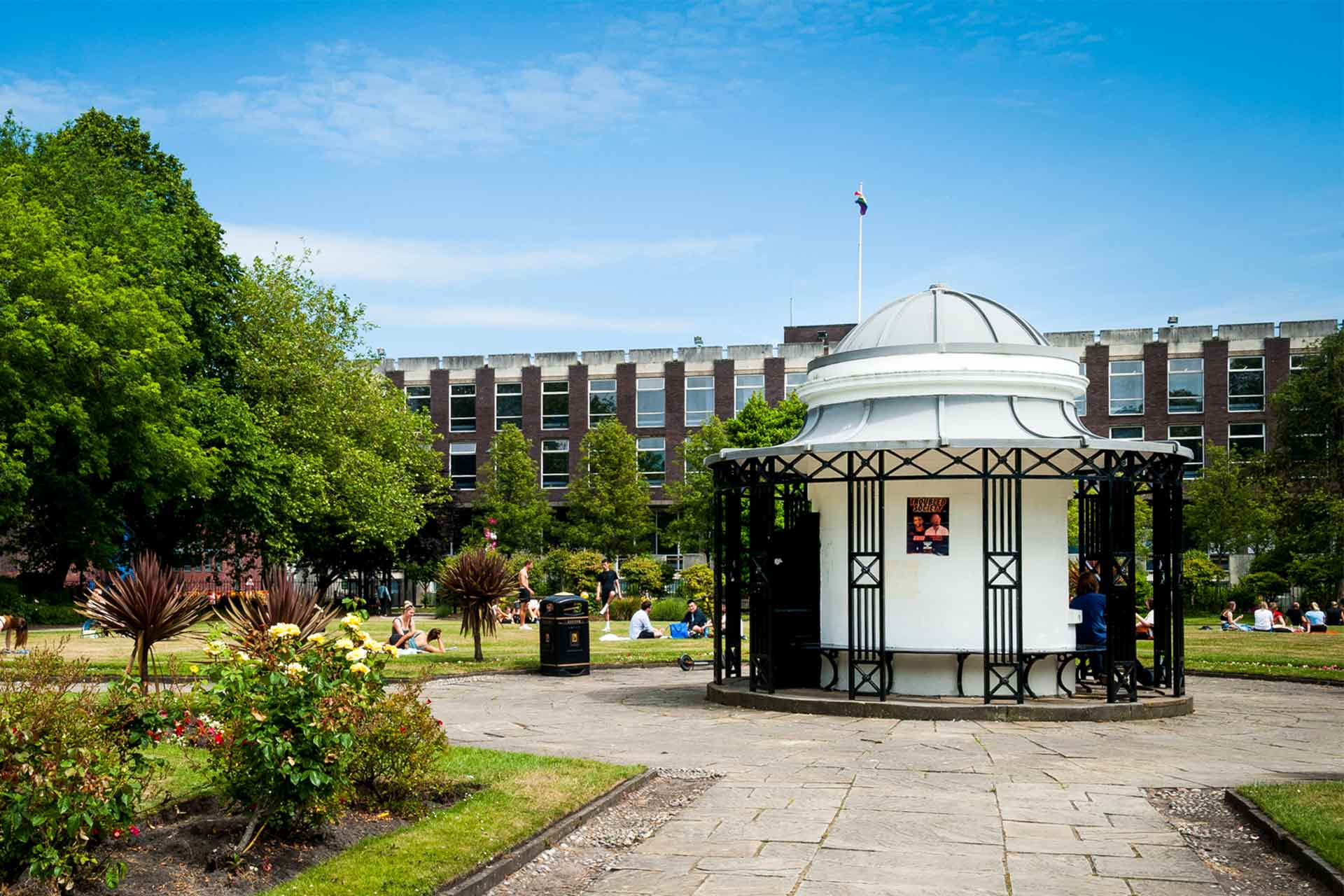 A  view of the bandstand and greenery in Abercromby Square