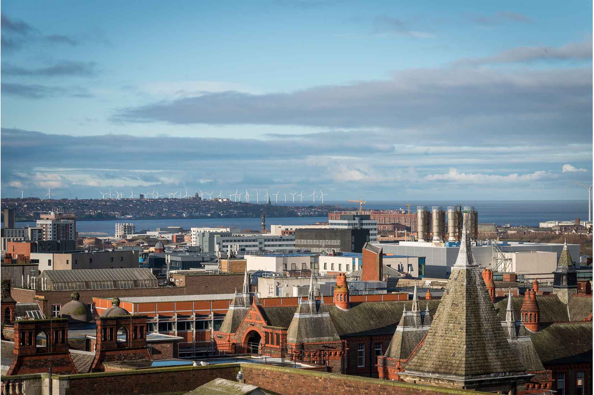 Image of campus and Liverpool skyline from above