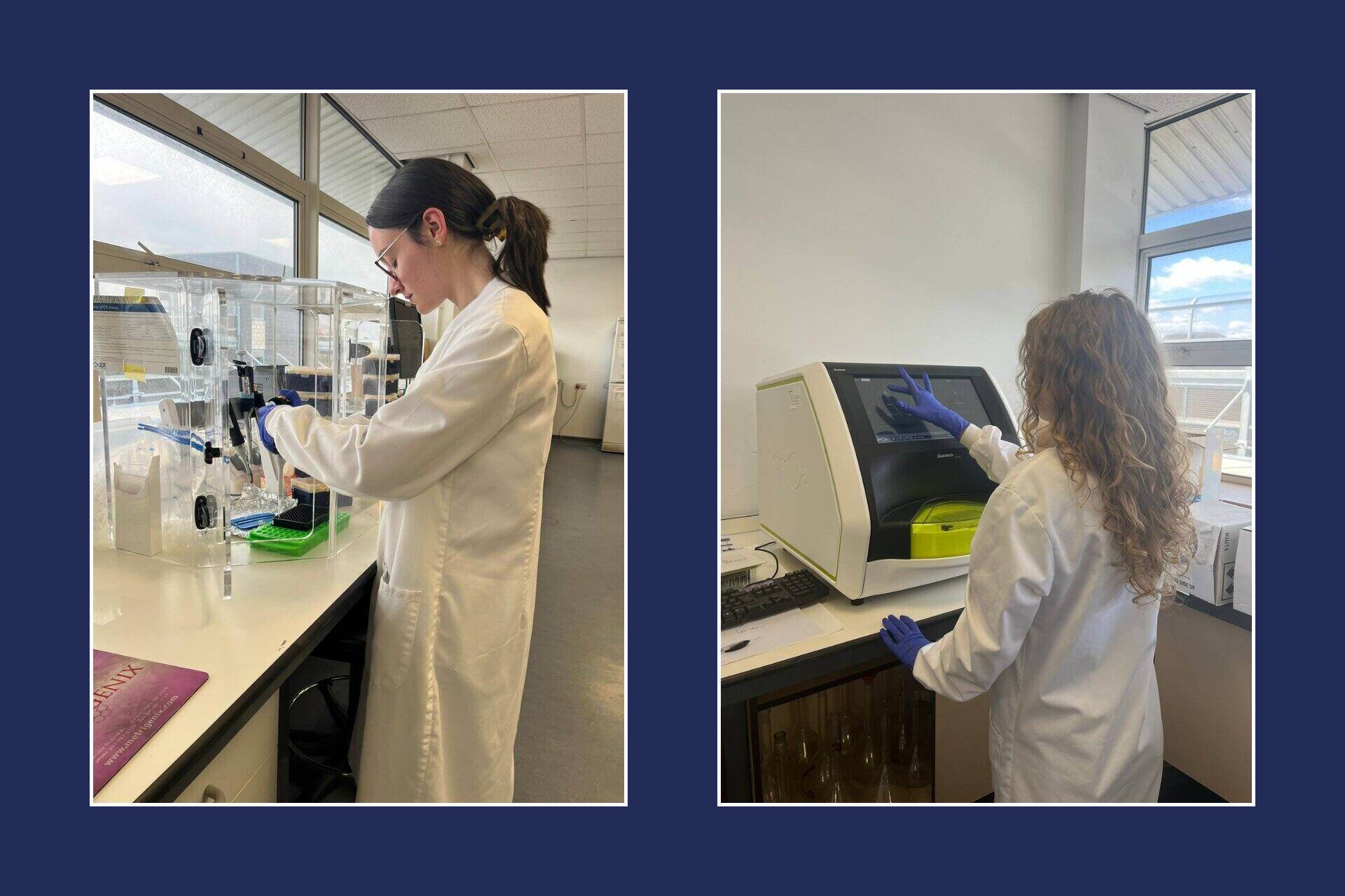 A navy blue background with two images of female students taking part in lab research.