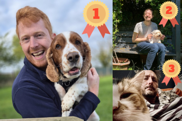 Collage of 3 photographs pets and their lookalike owners with rosettes to show who came 1st, 2nd and 3rd