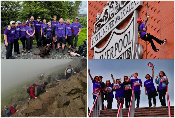 Collage of four photos from the three peaks challenge and anfield abseil