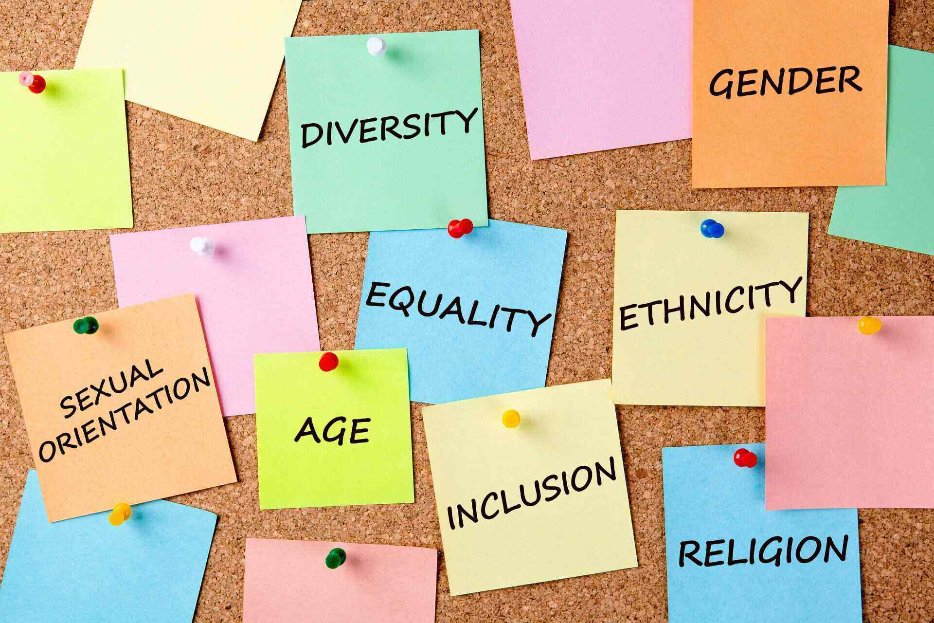 Diversity, Equality, Inclusion, Age, Ethnicity, Sexual Orientation, Gender, Religion write on a sticky notes pinned to a cork board