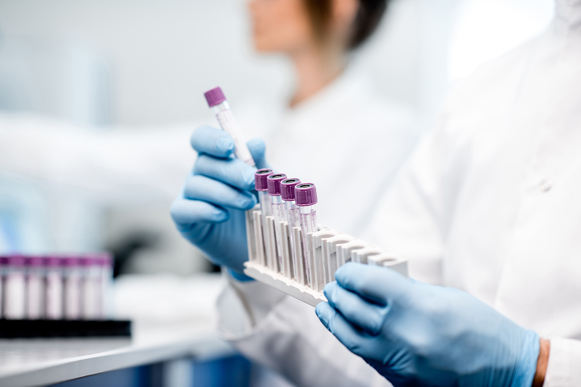 Test tubes on a rack in a lab