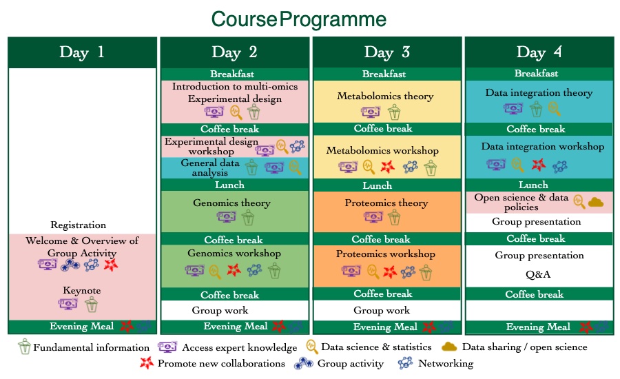 Four boxes with the course programme for each day defined including breaks and activity symbols.