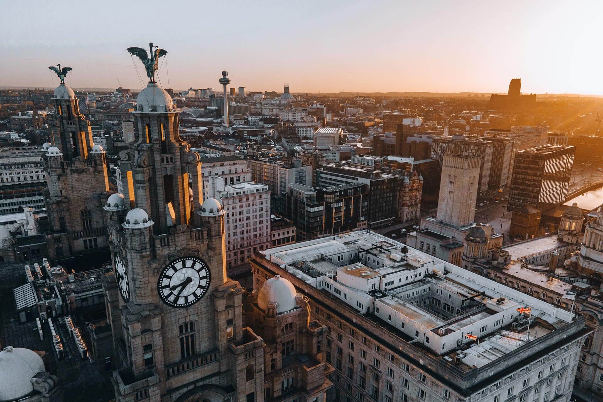 Royal Liver Building in Liverpool, England by Drone