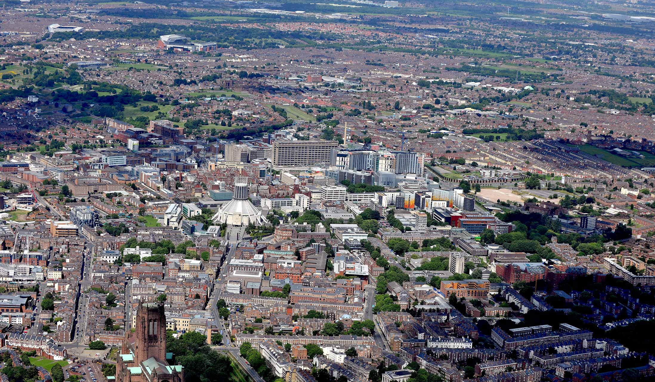 Aerial photograph of the city of Liverpool showing the Knowledge Quarter area