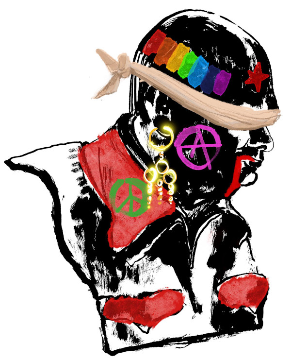 Illustration of Churchill with a bandana covering his eyes and multicoloured graffiti.