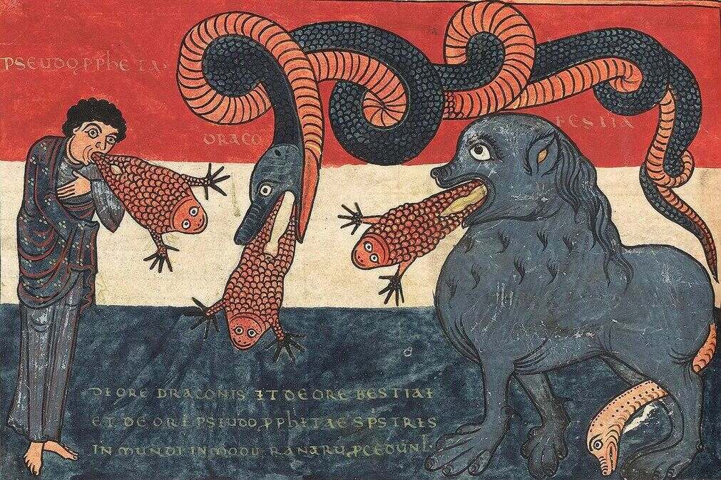 'The Beast, The Dragon and the False Prophet' - medieval image showing a false prophet vomiting a frog