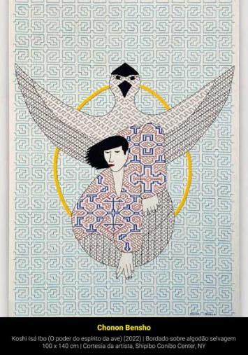 A painting of a human figure with a large bird-like figure behind it