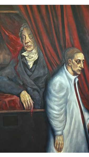 A painting showing a man in 18th century clothes looking at another man from behind a curtain