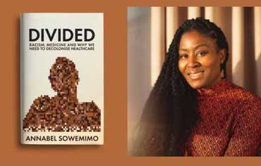 Annabel Sowemimo next to a photo of her book.