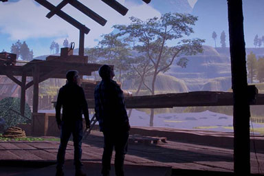 Two people standing in a virtual architectural environment