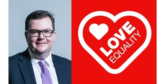 St Helens Labour MP Connor McGinn and the Love Equality logo