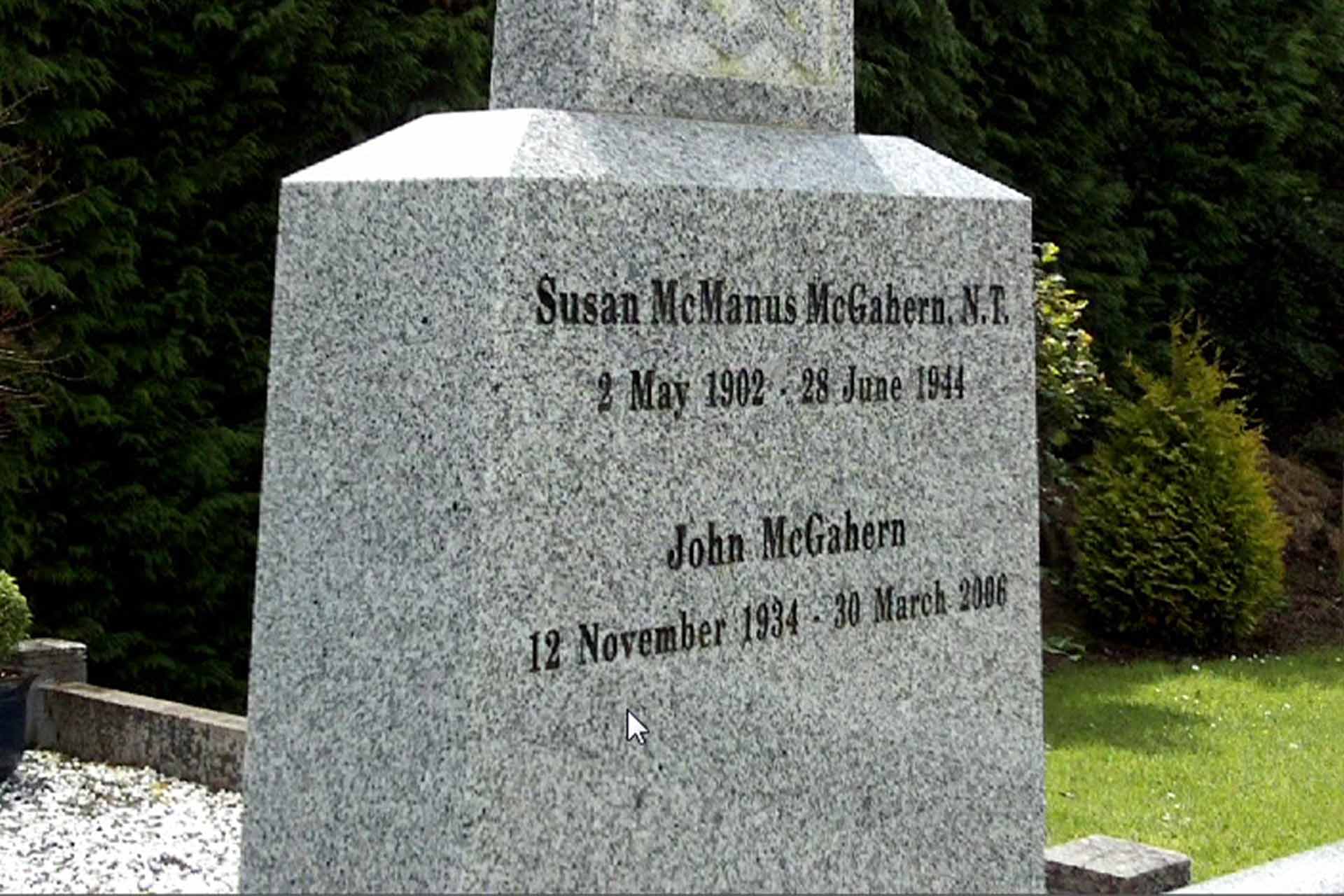 A grey gravestone etched with 'John McGahern 12 November 1934-30 March 2006' and above 'Susan McManus McGahern, N.T. 2 May 1902-28 June 1944'