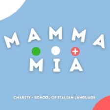 Mamma mia written against a blue backdrop logo