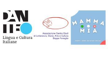 3 logos for Italian Week 2024. One for Lingua e Cultura Italiane, Associazione di Beppe Fenoglio and Mamma Mia